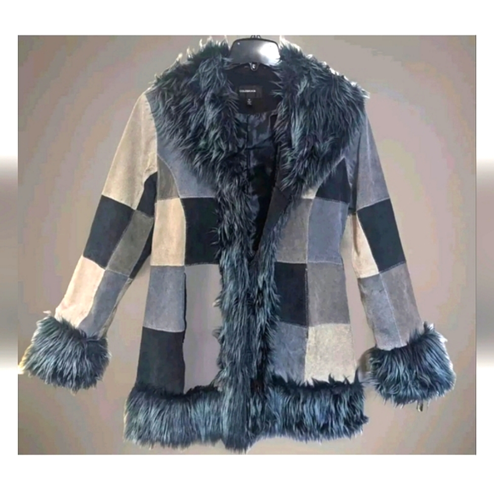 Vintage Suede Leather Trench Coat women's Blue Patch  jacket  size M